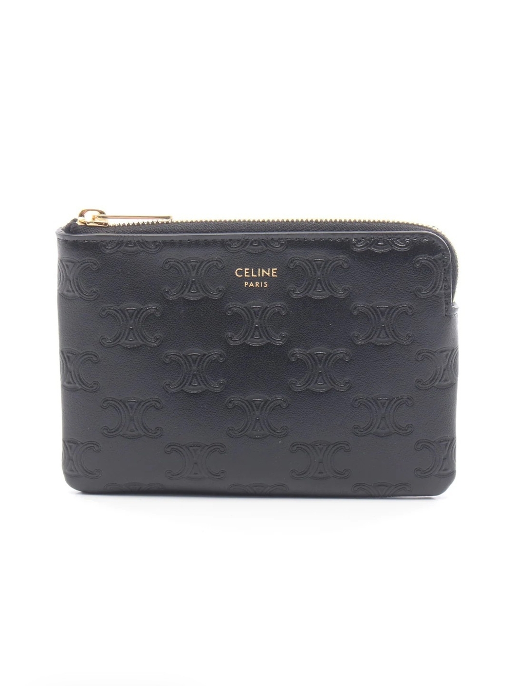 Celine Triomphe Leather Key Ring Coin Purse Black (10C663) w/ Dust Bag & Box
